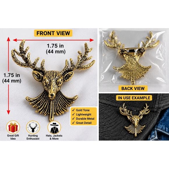The Unbranded Brand Jewelry - Deer‎ Head Antler Lapel Pin Brooch Gold Tone Hunting Wildlife Badge